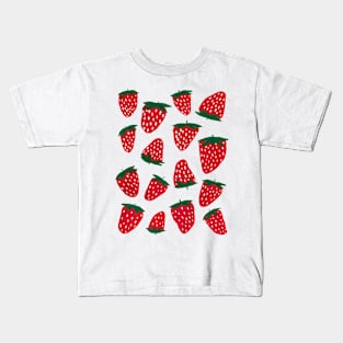 Organic summer strawberries red and green on pink background Kids T-Shirt